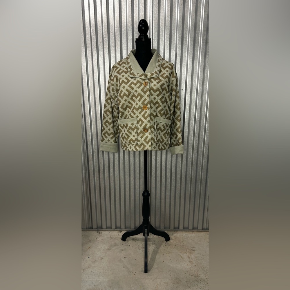 Women’s Green Geometric Retro Maralyce Ferree Polyester Button Down Coat Small